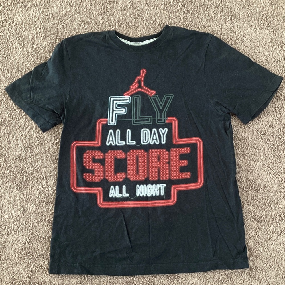 Jordan ‘Fly All Day Score All Night’ Graphic T-Shirt Size S Black Infrared White